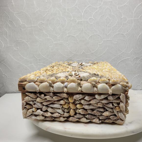Vintage Shell Jewelry Box Satin Lined Handmade Coastal Trinket Organizer 12.5” - Picture 10 of 16